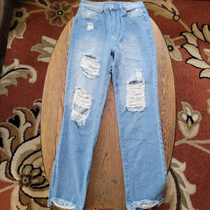 Shein High-Rise Distressed Medium Wash Straight Leg Jeans Size Women's Medium 6